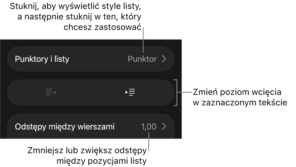 Sekcja Punktory i listy w narzędziach Format. Objaśnienia wskazują przyciski Punktory i listy, Wysunięcie oraz Wcięcie, a także narzędzia odstępów między wierszami.