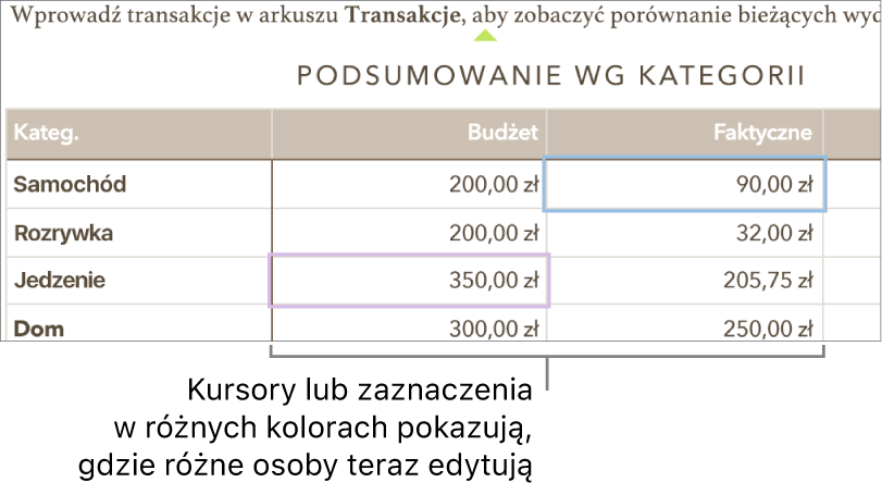 Różne kolory kursorów lub zaznaczeń wskazują miejsca aktualnie edytowane przez różne osoby.
