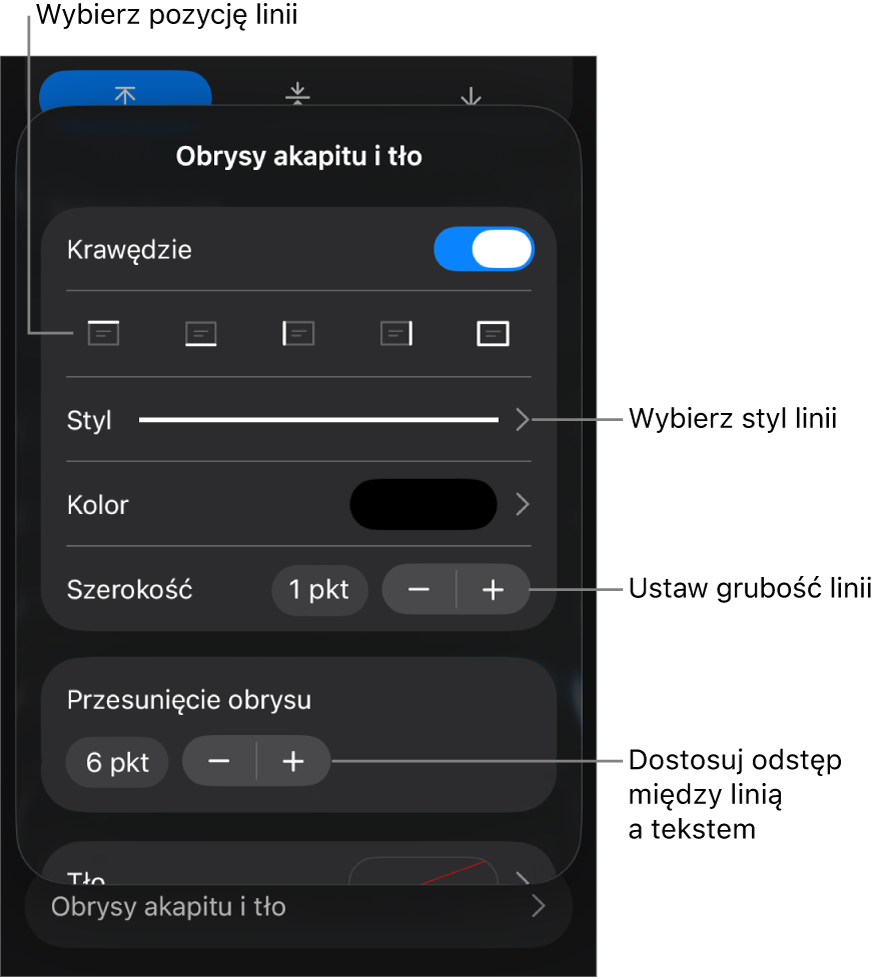 Narzędzia zmieniania stylu, grubości, pozycji i koloru linii.