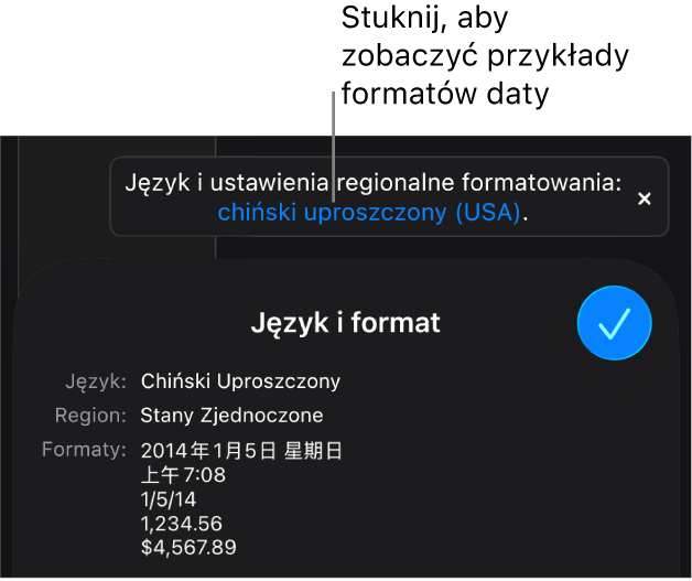 Powiadomienie o różnicy ustawień dotyczących języka i regionu, pokazujące przykłady formatowania używanego w wybranym języku i regionie.