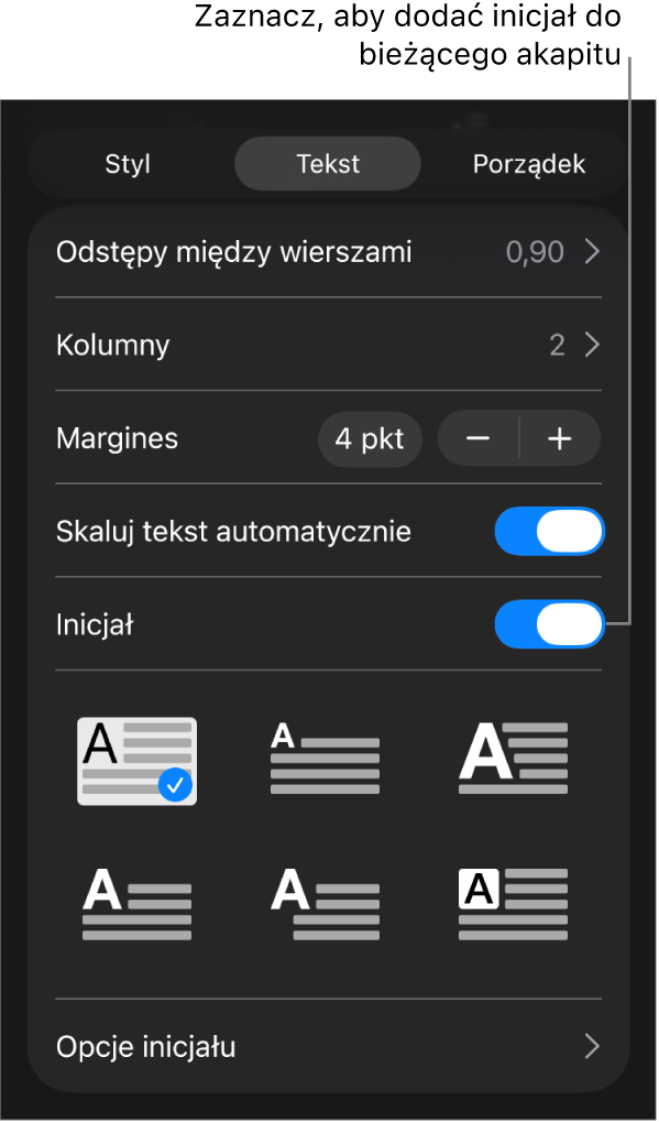 Narzędzia inicjału znajdujące się w menu Tekst.