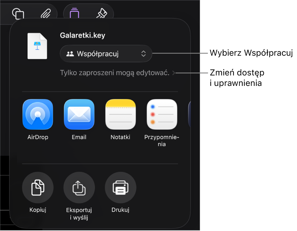 Menu udostępniania z opcją Współpracuj wybraną u góry oraz ustawieniami dostępu i uprawnień poniżej.
