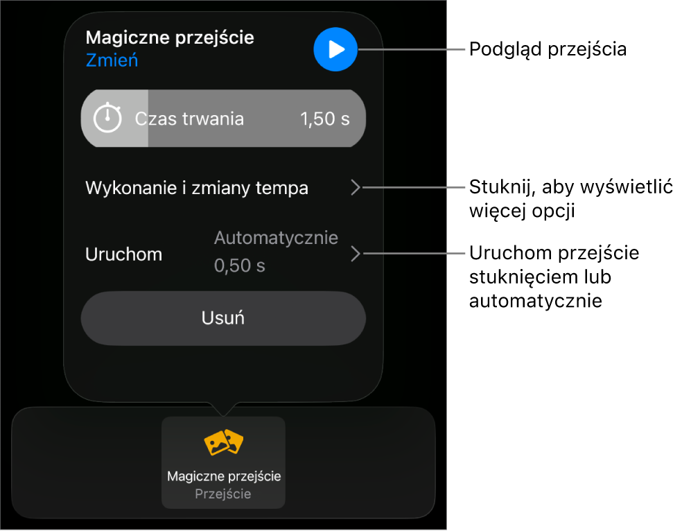 Narzędzia przejścia Magiczne przejście w panelu Przejścia.
