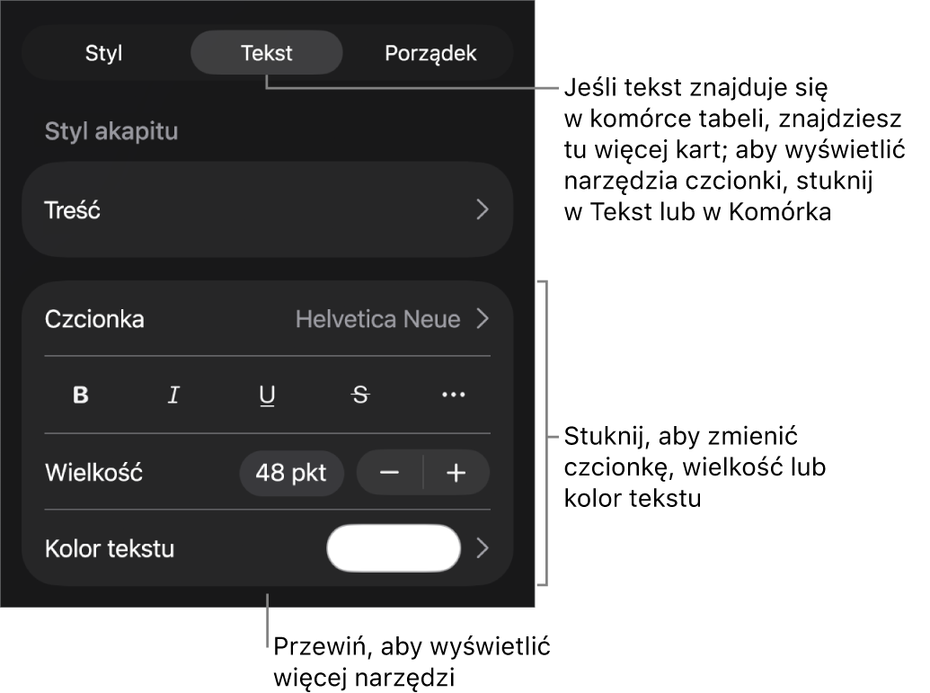 Narzędzia tekstów w menu Format służą do ustawiania stylów akapitu i znaków oraz czcionek ich wielkości i koloru.