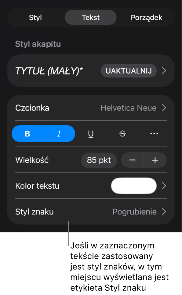 Narzędzia formatowania tekstu oraz menu stylów znaków widoczne poniżej narzędzi koloru. Styl znaków Brak wyświetlany jest z gwiazdką.