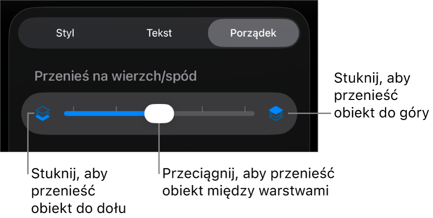 Przycisk przenoszenia niżej, przycisk przenoszenia wyżej i suwak warstw.