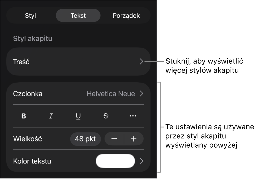 Menu Format z narzędziami tekstu pozwalającymi na ustawianie stylów akapitu, stylów znaków, czcionki, wielkości oraz koloru.