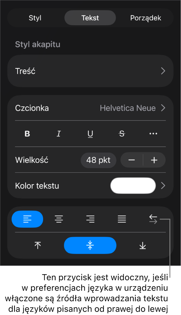 Narzędzia tekstu w menu Format z objaśnieniem wskazującym przycisk Od lewej do prawej.