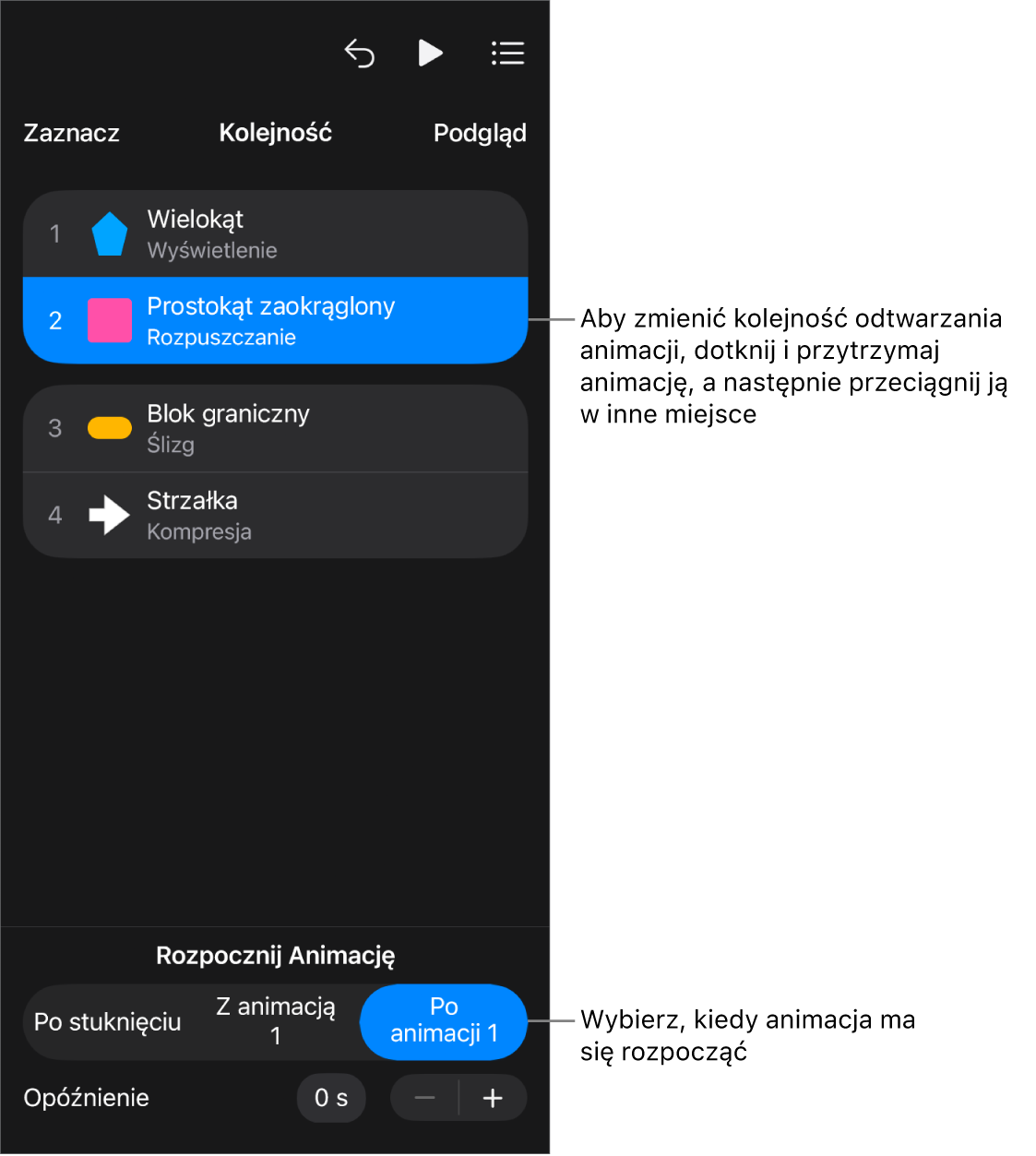 Lista kolejności animacji, zawierająca efekty wejścia oznaczone żółtymi etykietami oraz efekty wyjścia oznaczone szarymi etykietami.