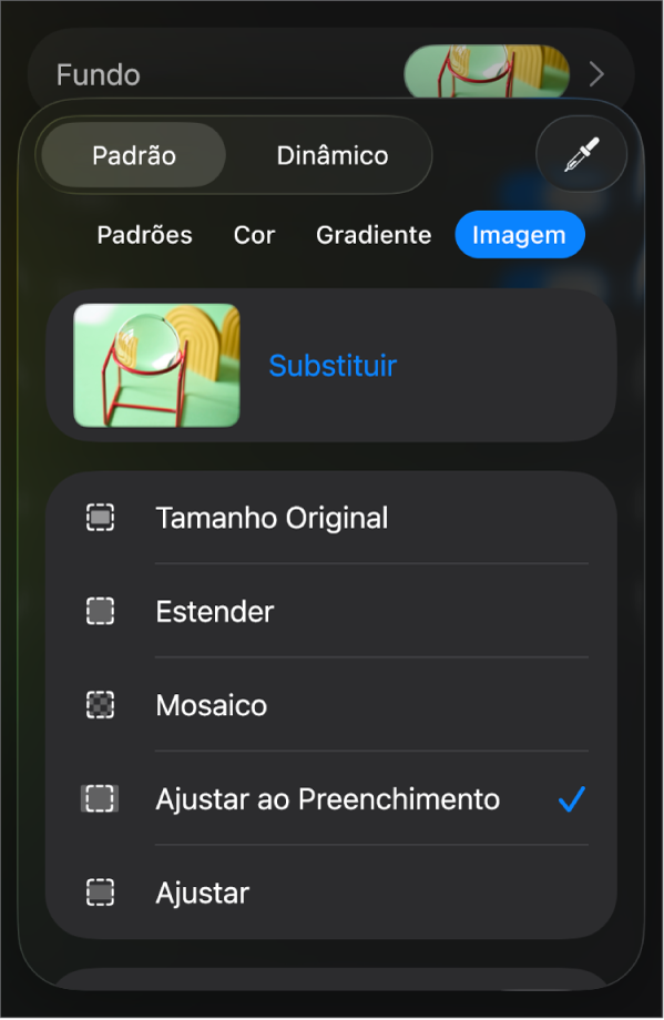 Controles de Fundo com uma imagem definida como fundo do slide e o controle “Sobreposição de Cor” na parte inferior.