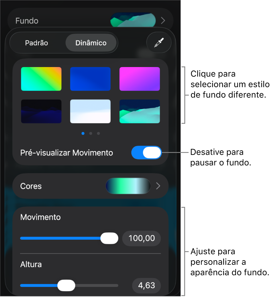Controles de fundo dinâmico com as miniaturas de estilos de fundo, o botão de pré-visualização do movimento e os controles de personalização sendo mostrados.