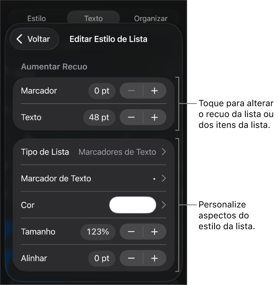 Menu de “Editar Estilo de Lista” com controles para editar o tipo e a aparência da lista.