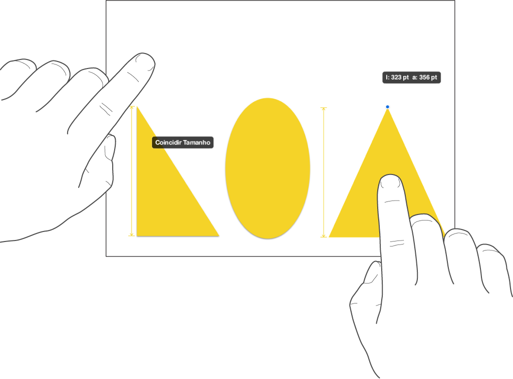 Um dedo logo acima de uma forma e um outro segurando um objeto com Coincidir Tamanho na tela.