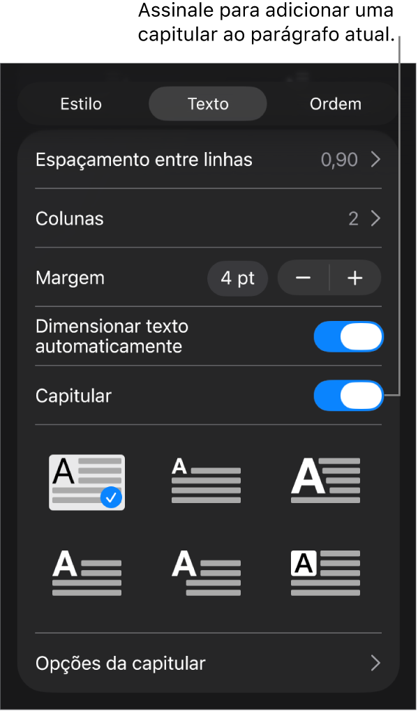 Os controlos de "Capitular” no menu “Texto”.