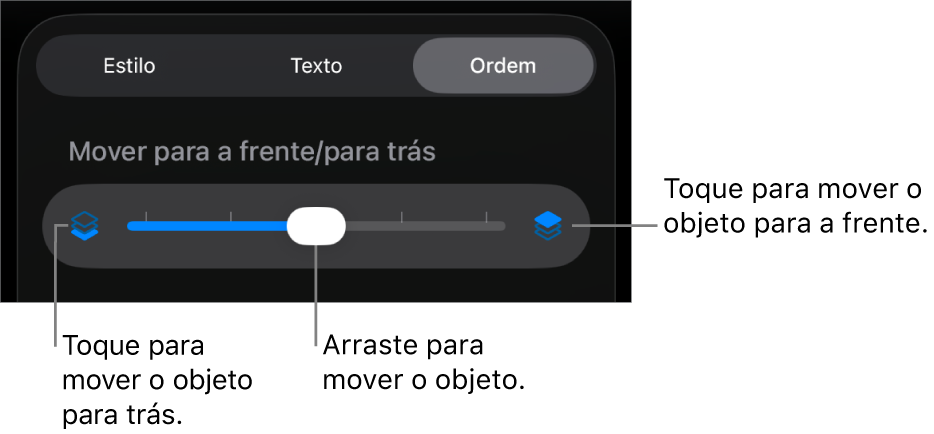 O botão “Mover para trás”, o botão “Mover para a frente” e o nivelador da camada.