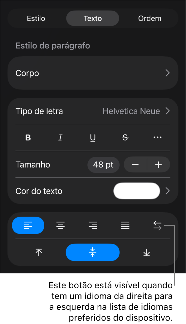 Controlos de texto no menu “Formatação” com uma chamada para o botão “Da esquerda para a direita”.