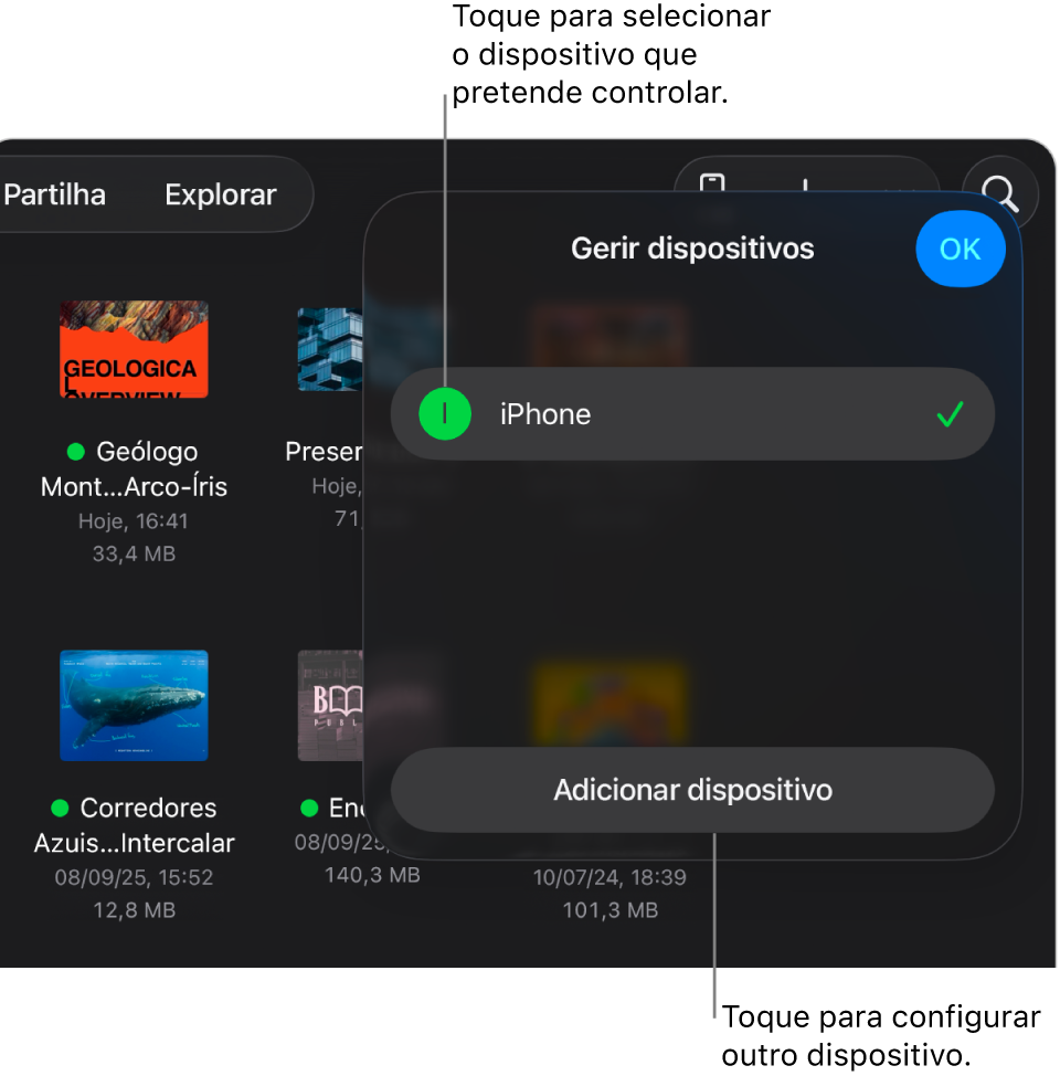 O pop-over “Gerir dispositivos”, mostrando a hiperligação “Adicionar um dispositivo”.