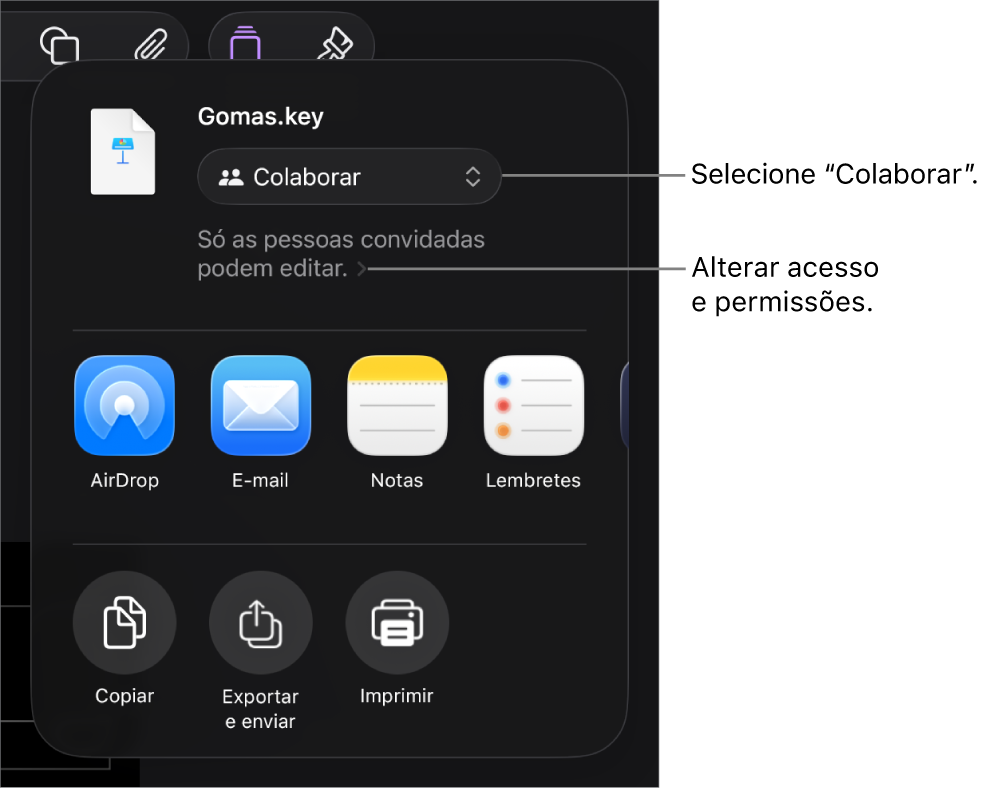 O menu "Partilha” com “Colaboração” selecionada na parte superior e as definições de acesso e permissão por baixo.