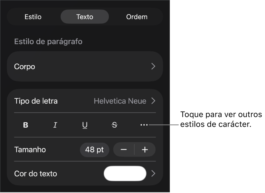 Os controlos de "Formatação” com estilos de parágrafo na parte superior e depois os controlos de tipo de letra. Sob “Tipo de letra” encontram-se os botões “Negrito”, “Itálico”, “Sublinhado”, “Riscado” e “Mais opções de texto”.