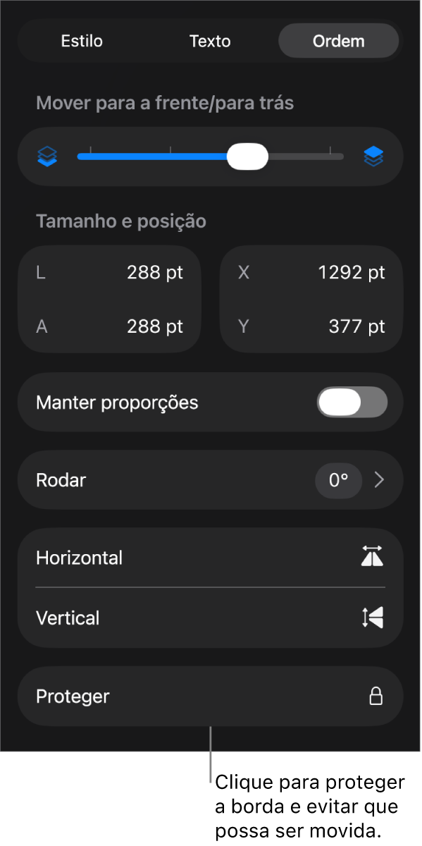Os controlos de “Ordem” no menu “Formatação” com uma chamada para o botão “Proteger”.