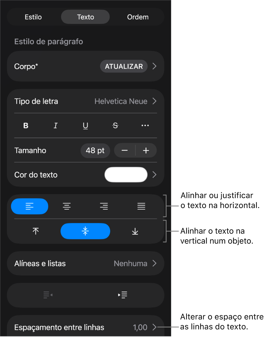 O painel “Disposição” com chamadas para os botões de alinhamento e espaçamento de texto.