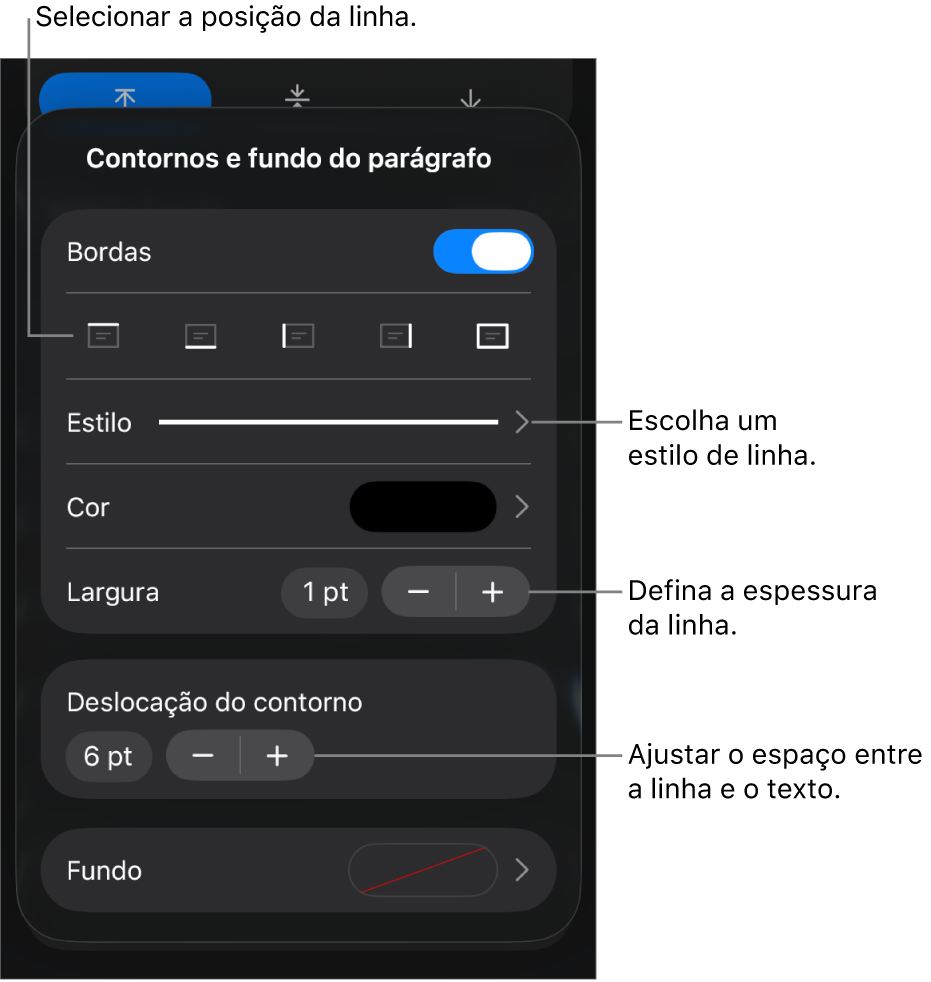 Controlos para alterar o estilo de linha, a espessura, a posição e a cor.
