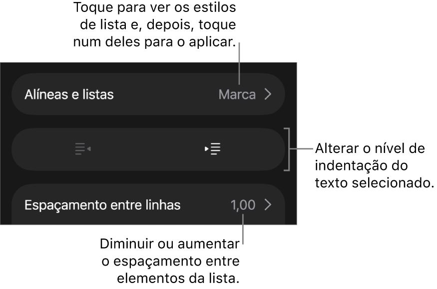 A secção “Marcas e listas” dos controlos de “Formatação” com chamadas para “Marcas e listas”, botões de remover indentação e de indentação e controlos de espaçamento.