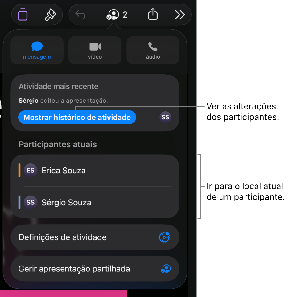O menu de colaboração com os participantes atuais listados.