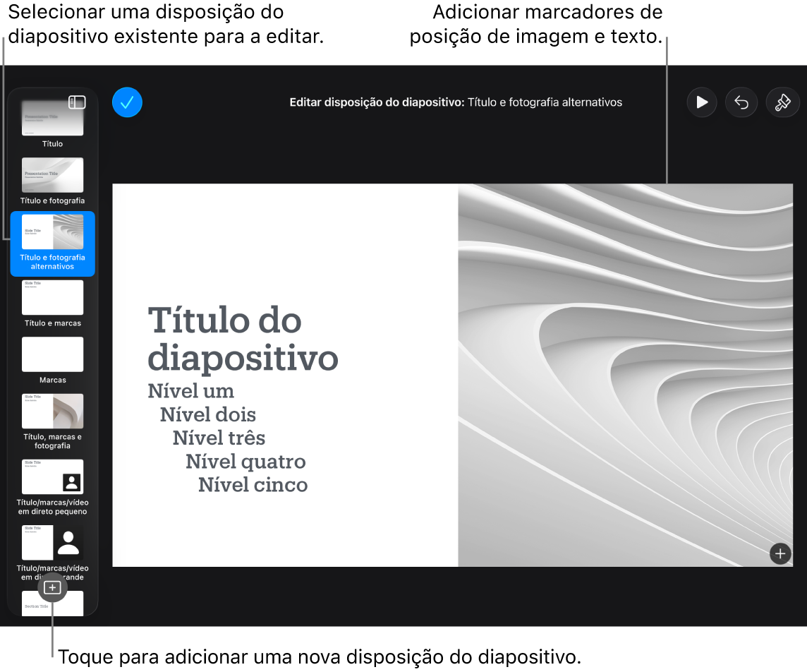 Uma disposição de diapositivo visível no fundo do diapositivo, com o botão “Adicionar disposição do diapositivo” na parte inferior do navegador de diapositivos.