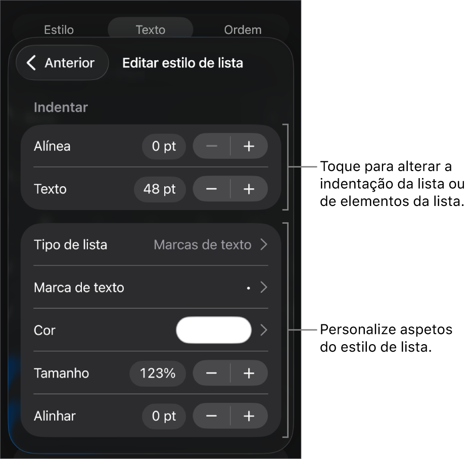 O menu “Editar estilo de lista” com controlos para edição do tipo e aspeto da lista.
