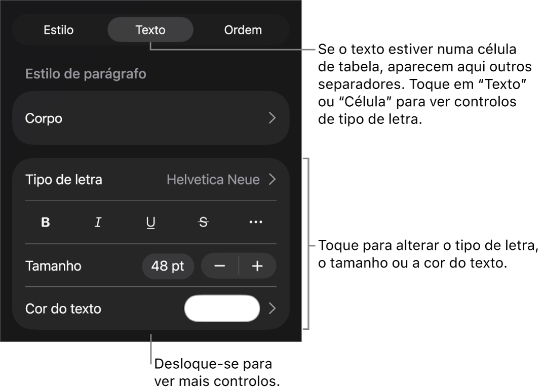 Controlos de texto no menu "Formatação” para definir estilos de parágrafo e carácter, tipo de letra, tamanho e cor.
