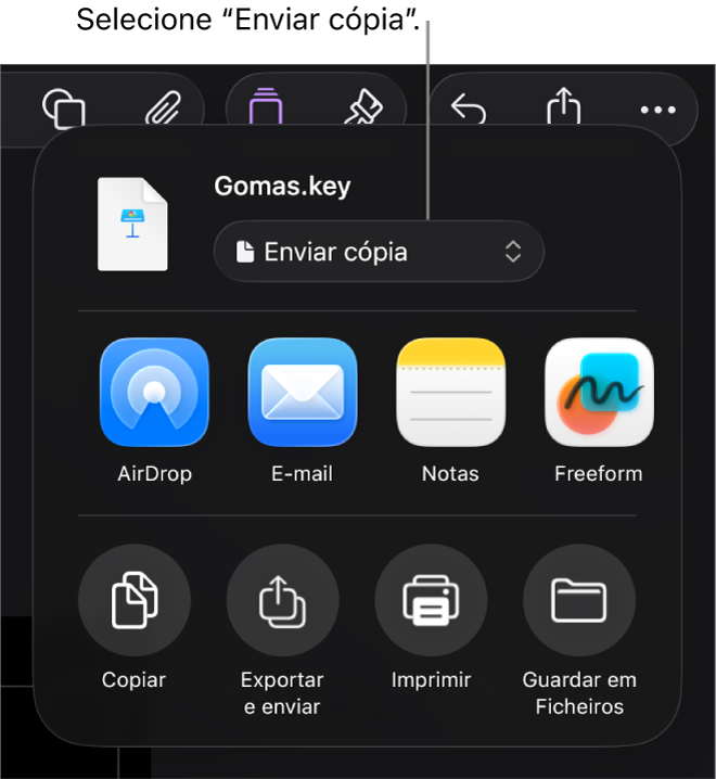O menu “Partilhar” com “Enviar cópia” selecionada na parte superior.