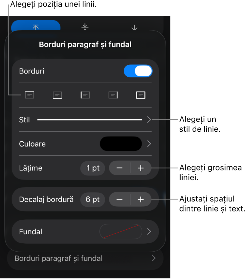 Comenzile pentru schimbarea stilului, grosimii, poziției și culorii liniei.