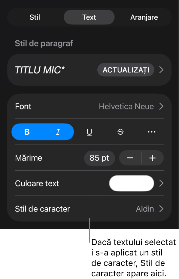 Comenzile de formatare Text cu Stil de caracter sub comenzile Culoare. Stilul de caracter Nimic apare cu un asterisc.