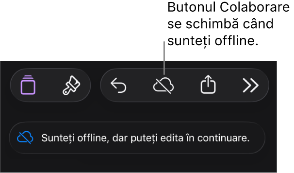 Butoanele din partea de sus a ecranului, cu butonul Colaborare transformat într-un nor traversat de o linie diagonală. Pe ecran apare o alertă „Sunteți offline, dar puteți edita în continuare”.
