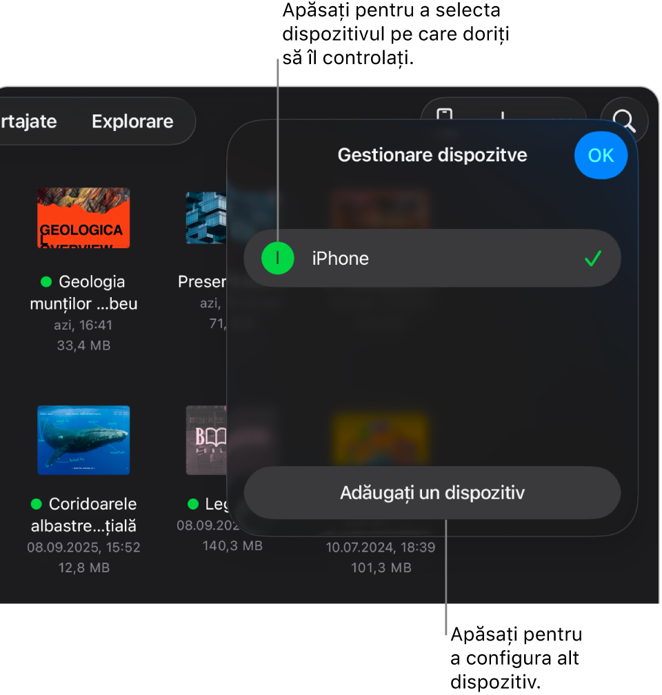 Pop‑overul Gestionare dispozitive afișând linkul de adăugare a unui dispozitiv.