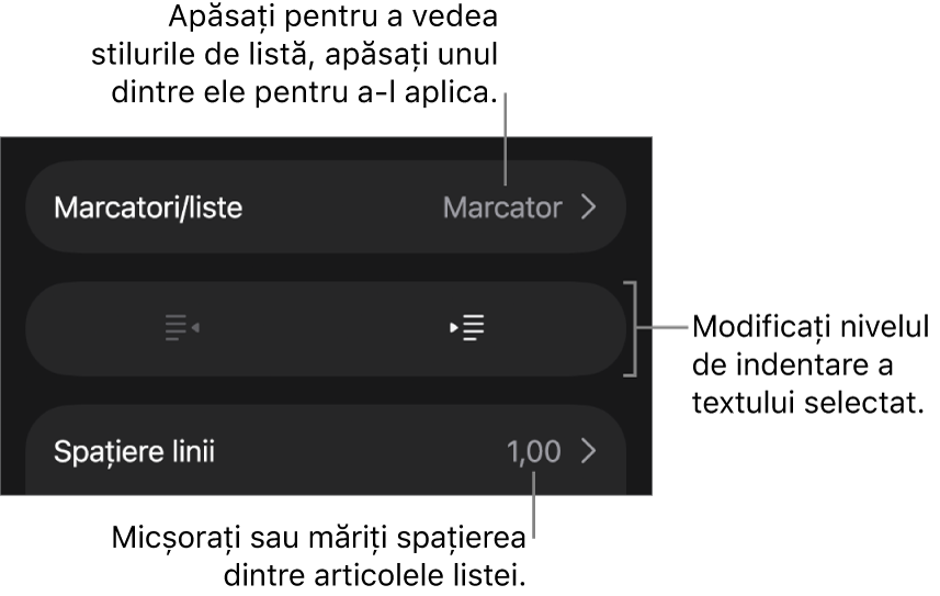 Secțiunea Marcatori/liste din comenzile Format cu explicații pentru Marcatori/liste, butoanele de indentare și indentare exterioară, precum și comenzile pentru spațierea liniilor.