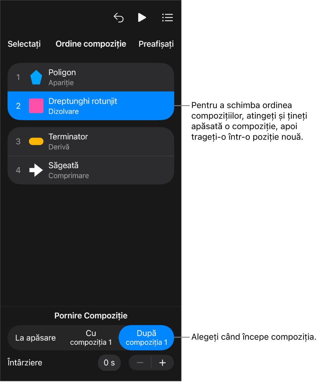 Lista Ordine compoziție prezentând efecte de intrare cu insigne galbene și efecte de ieșire cu insigne gri.