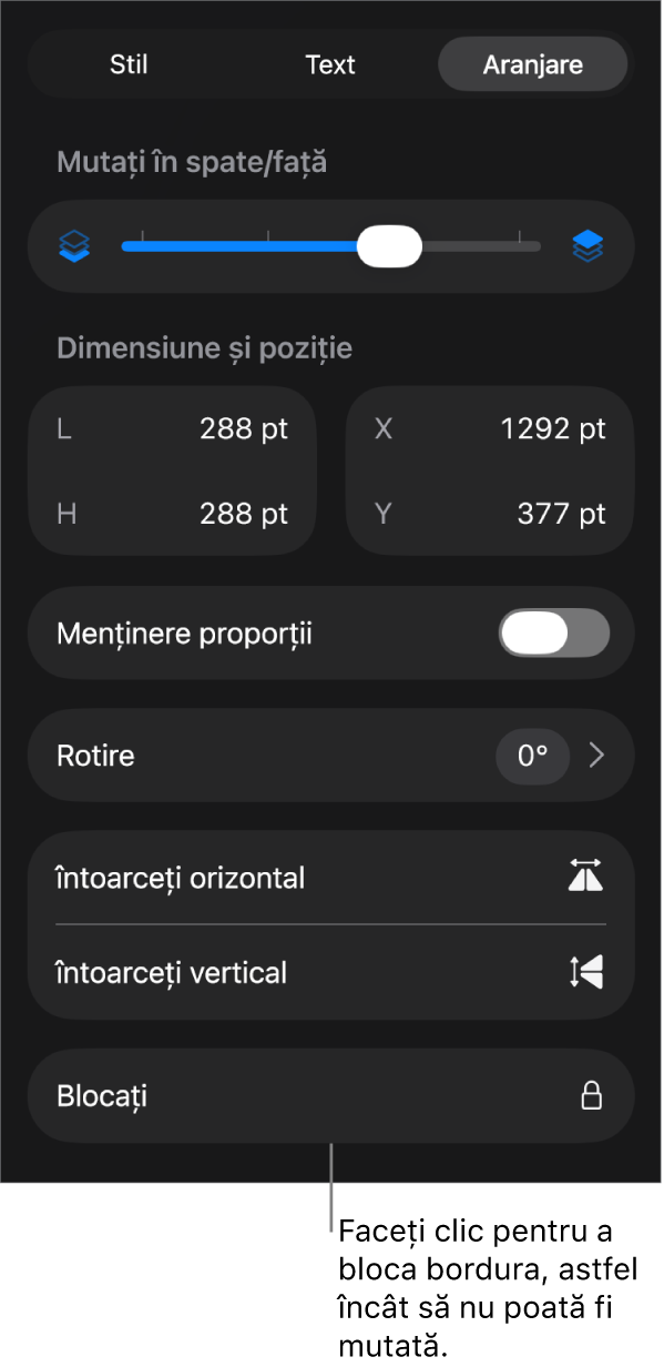 Comenzile Aranjare din meniul Format, cu butonul Blochează evidențiat.