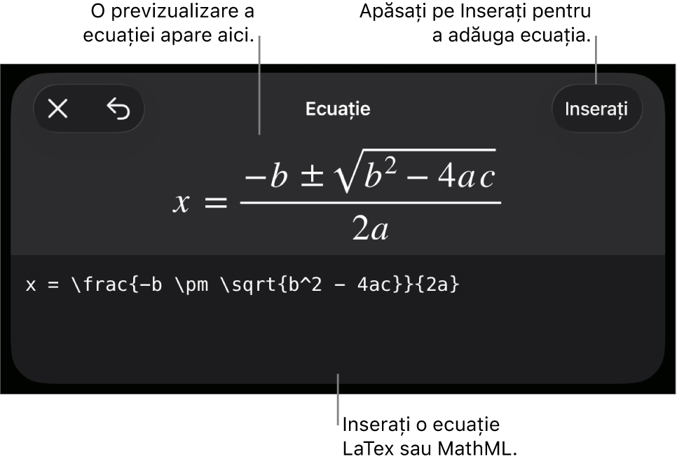 Caseta de dialog Ecuație, afișând o ecuație scrisă cu ajutorul comenzilor MathML și, deasupra, o previzualizare a formulei.
