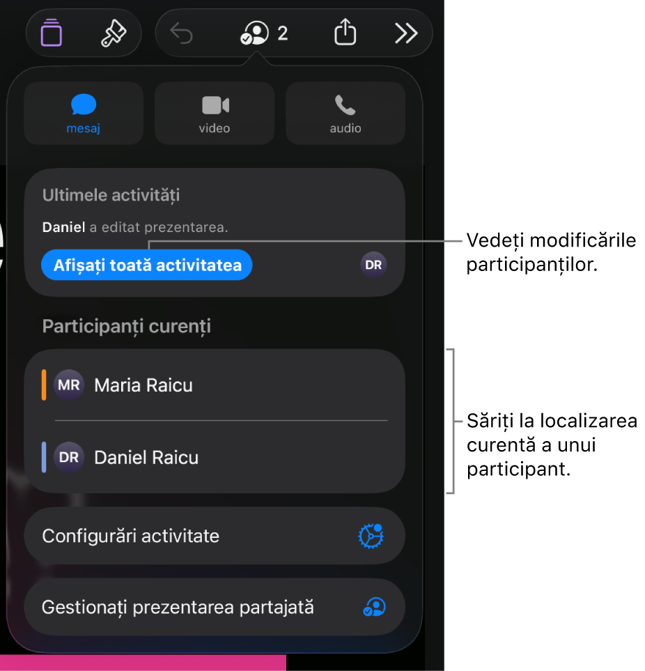 Meniul pentru colaborare cu participanții curenți listați.