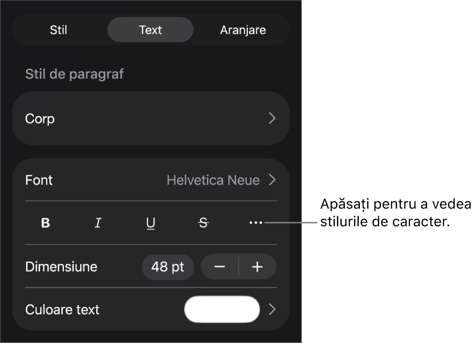 Comenzile Format cu stilurile de paragraf în partea de sus, apoi comenzile Font. Sub Font se află butoanele Aldin, Cursiv, Subliniat, Tăiat cu o linie și Alte opțiuni de text.