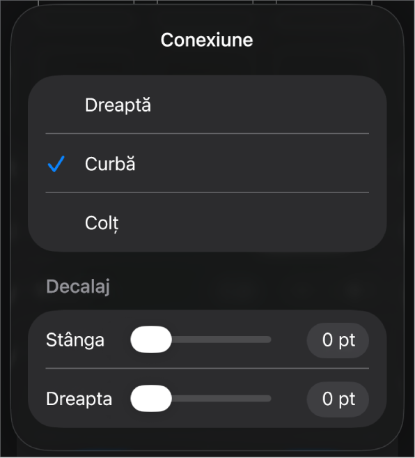 Comenzile Conexiune cu opțiunea Curbă selectată.