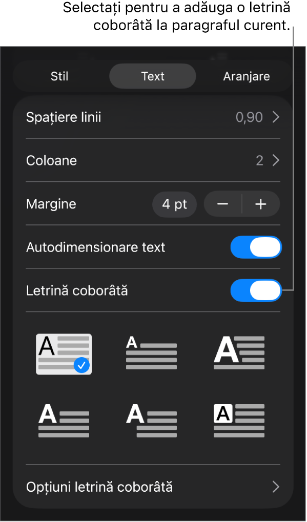 Comenzile Letrină coborâtă situate în meniul Text.