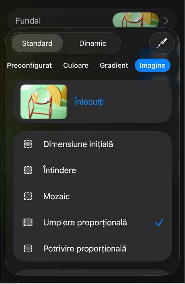 Comenzile Fundal cu o imagine configurată drept fundal al diapozitivului și comanda Suprapunere culoare în partea de jos.