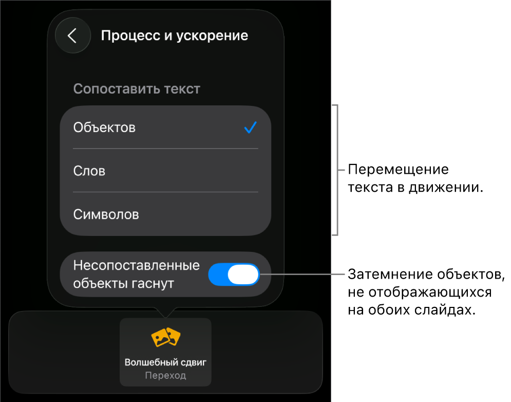 Настройки появления и ускорения перехода «Волшебный сдвиг» в панели «Ускорение».