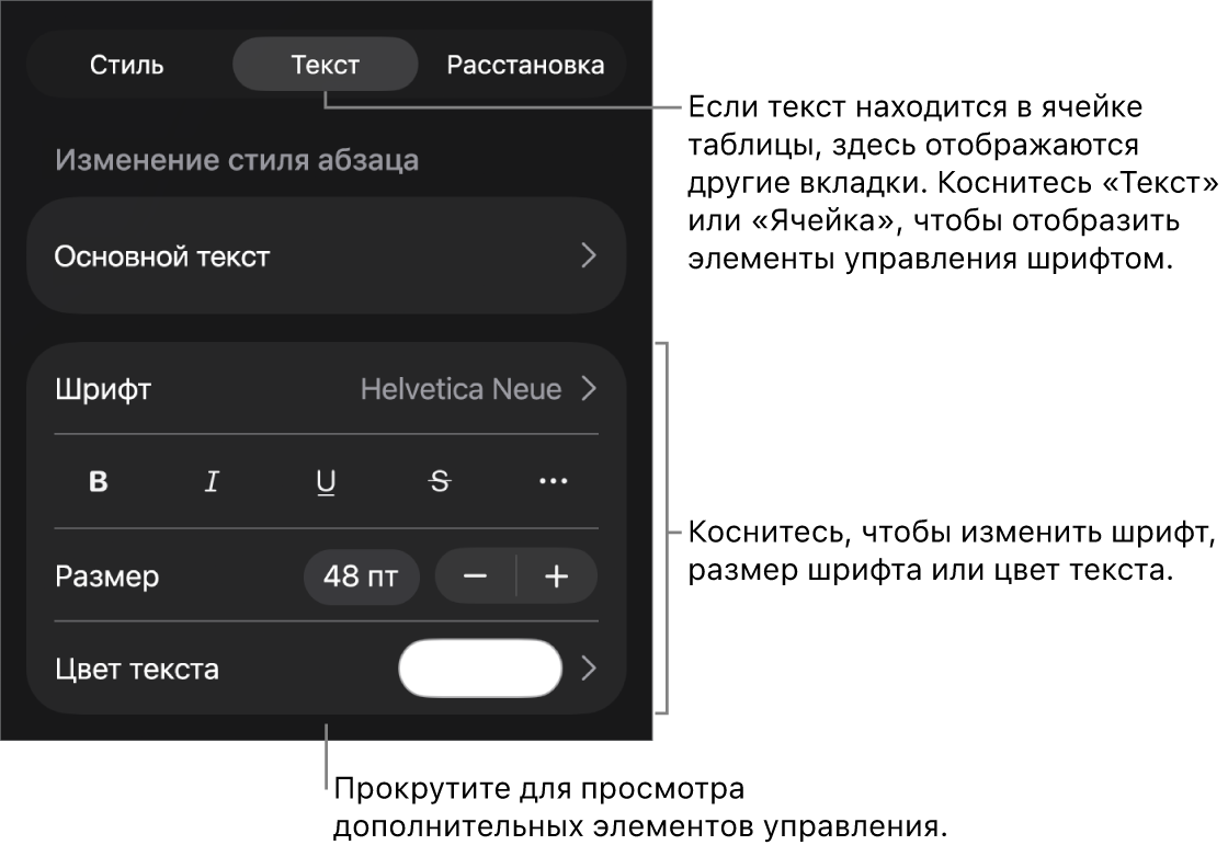 Элементы управления текстом в меню «Формат» для настройки стилей абзацев и символов, шрифта, размера и цвета.
