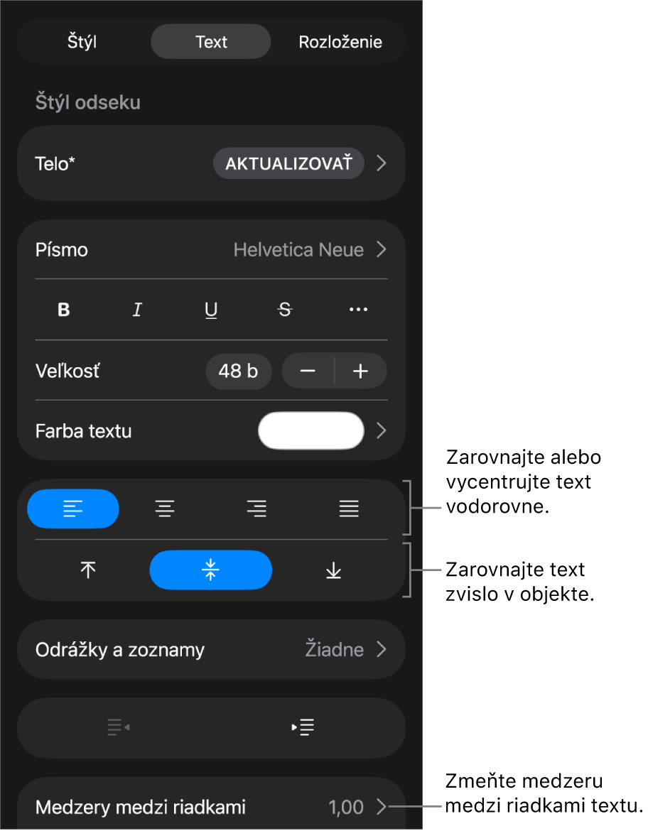 Panel Rozloženie s bublinami popisujúcimi tlačidlá zarovnania textu a tlačidlá na nastavenie medzier.