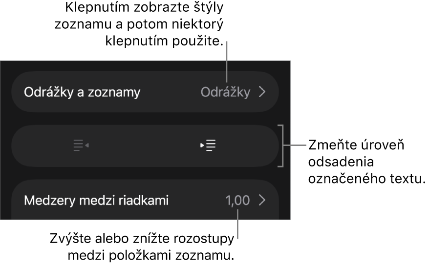 Sekcia Odrážky a zoznamy ovládacích prvkov Formát s bublinami popisujúcimi položku Odrážky a zoznamy, tlačidlami odsadenia a ovládacími prvkami na nastavenie medzery medzi riadkami.