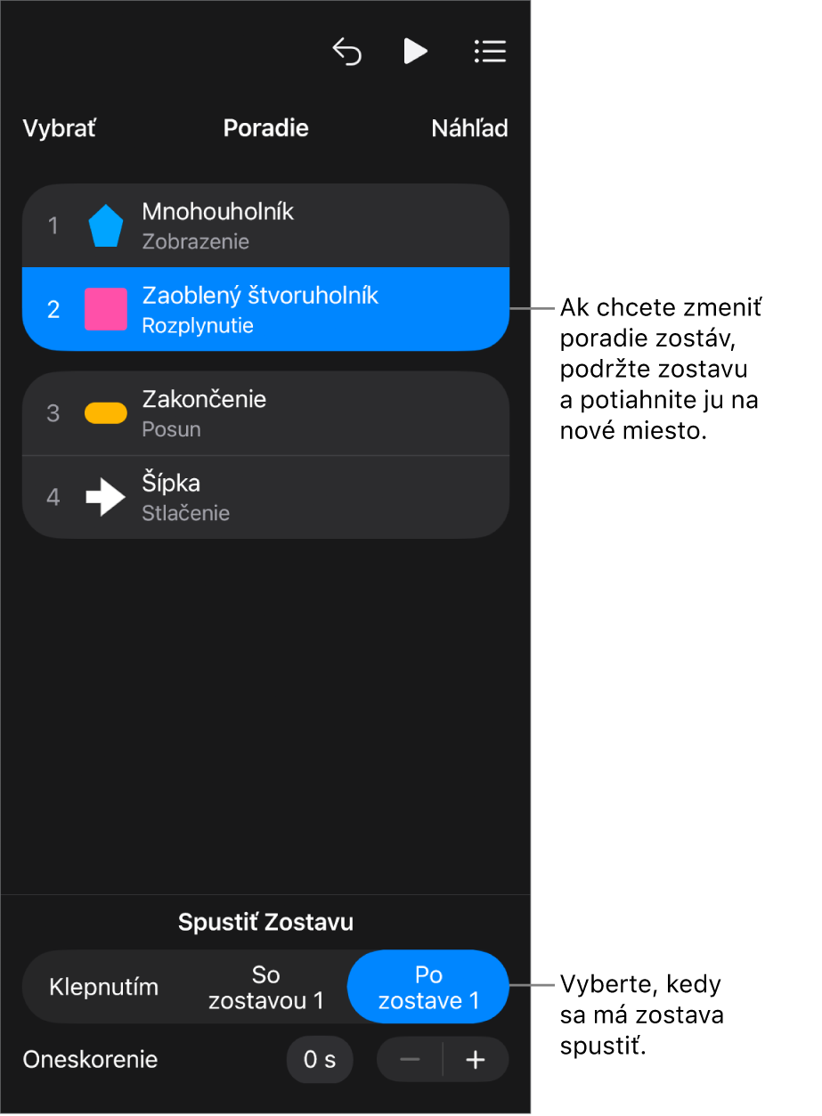 Zoznam Poradie zostavovania so zobrazením začiatočných efektov so žltými odznakmi a koncových efektov so sivými odznakmi.